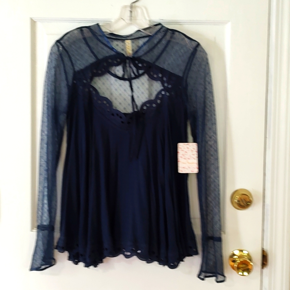 NWT Free People Navy Lace Blouse Boho Stunning Size Small